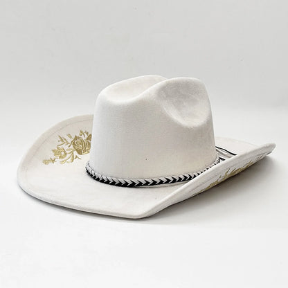 Retro Suede Cowgirl Hat for Women and Men, Floral Embroidery Wide Brim Western Cap Jazz Hat Cowboy Hats