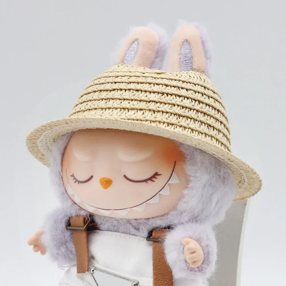 Labubu open top straw hat, party clothing accessories, rustic style Labubu baby clothes decoration accessories (hat only)