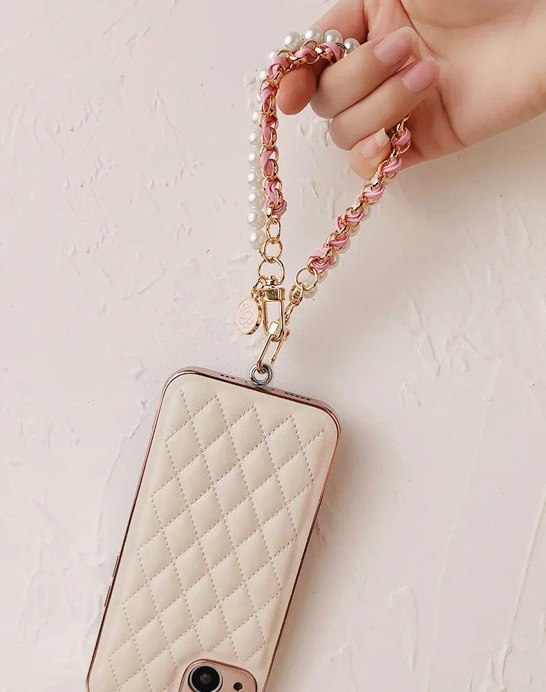 26cm Leather Pearl Camellia Mobile Phone Charm Bracelet Chain Anti-lost Universal Cell Phone Strap Rope Pendant Metal Key Chain