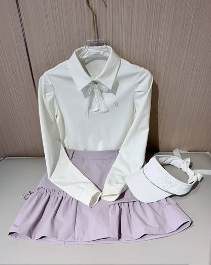 PL Golf Women New Autumn Top Puff Long Sleeve Polo Shirts Elegant Korean Style T-shirts Lady Pleated Golf Cargo Skirt with Short