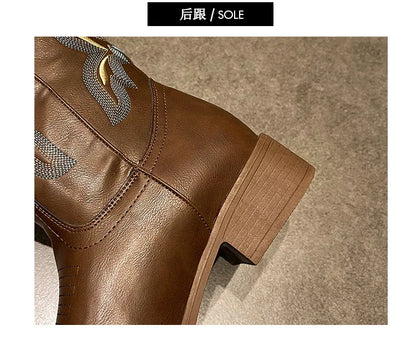 Versatile Western Cowboy Boots Summer Coarse Heel Embroidered Sleeve Knight Boots Mid Barrel Square Head Horseshoe Large