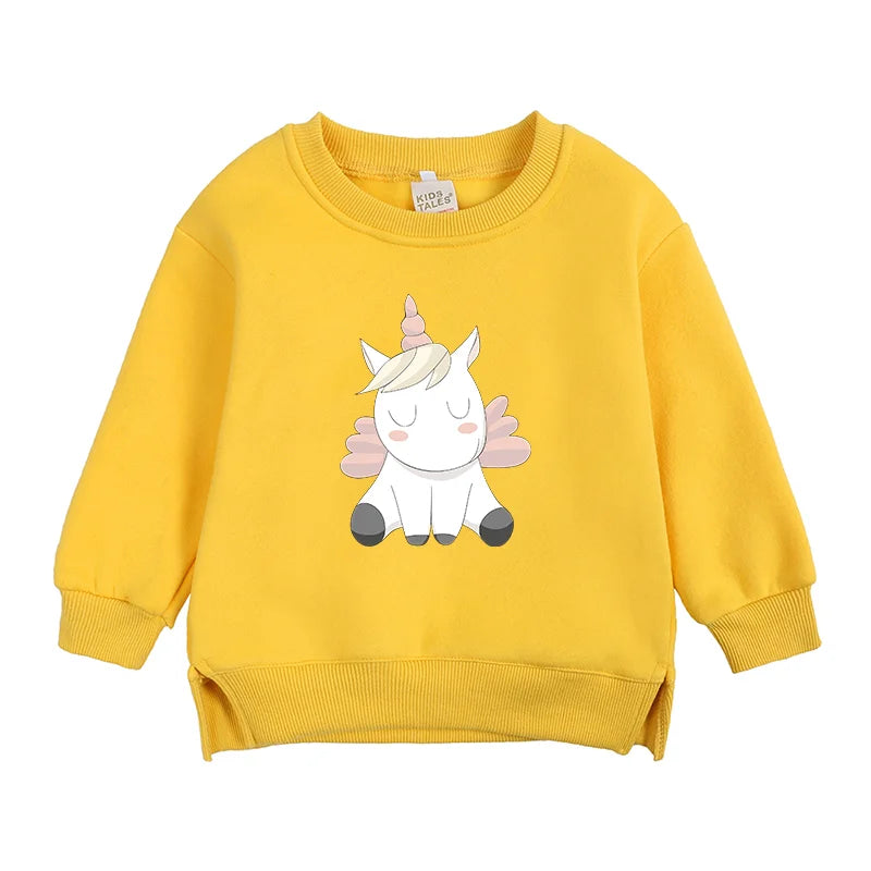 2024 Sweat-shirt polaire Licorne pour enfants, automne, 6 mois-7 ans, col rond, dessin animé, vêtements pour adolescents, garçons et filles, tenues de sport décontractées, costume