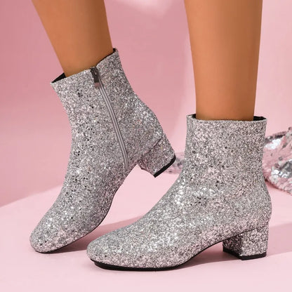 Bottes à paillettes et sequins pour femmes, avec fermeture éclair, talons épais, bottines à bout rond, chaussures de soirée pour femmes