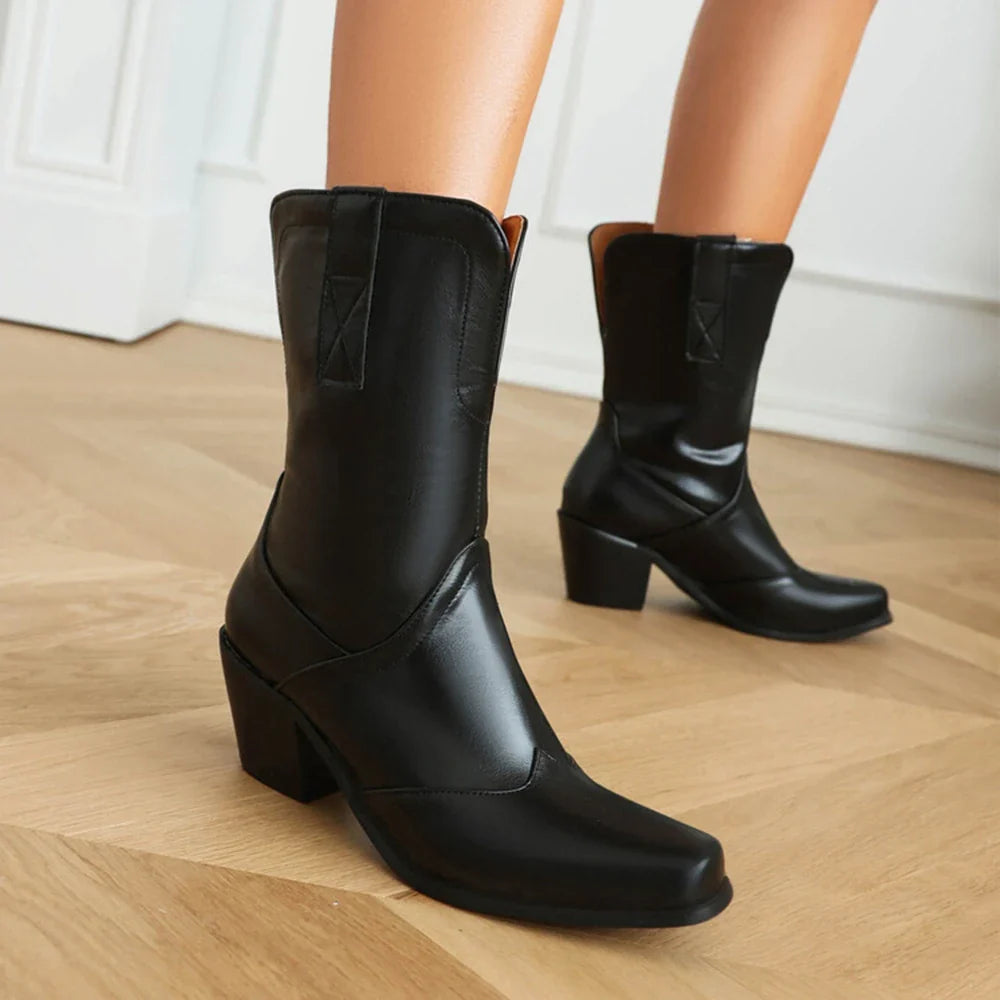 Bottes western rétro noires mi-mollet pour femme à talons épais gothiques, grandes tailles 34-48 777-11