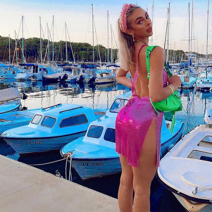 YOUR BUMP CURVE Shiny Cool Metal Sequin V Neck Sleeveless Backless Cross Side Irregular Mini Sexy Ladies Yacht Club Metal Dress