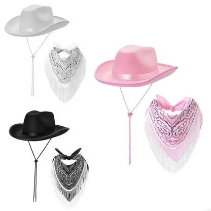 Roleplay Cowboy Hat for Female WesternStyle Hat Headscarf Bachelorettes Party Costume Travel Cowgirl Hat Bandanas 2PCS
