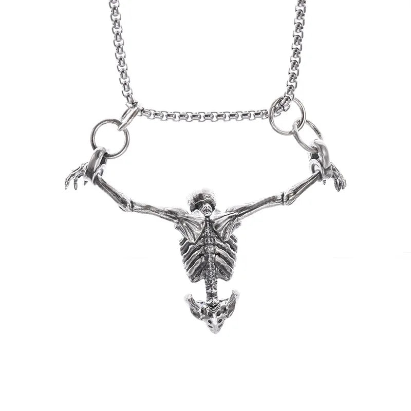 Men's Vintage Punk Gothic Captivity Skull Pendant Necklace Halloween Bat Eyes Body Accessory Cool Rock Party Biker Jewelry