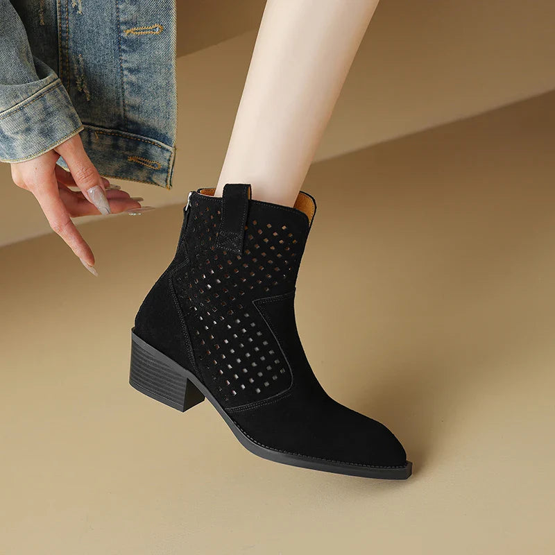 2025 Spring Autumn Chelsea Boots for Woman Cow Suede Pointy Toe Wedge Heel Ankle Boots Cutouts Comfortable Cowboy Boots Female