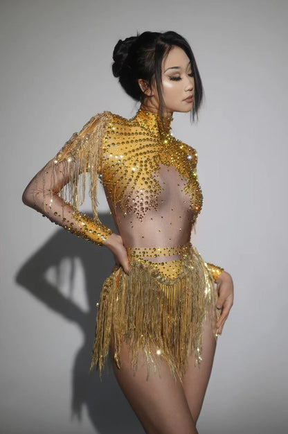Body élastique à paillettes dorées et argentées avec pompons pour danse latine, tenue de scène, discothèque, DJ, chanteur, Q025Body élastique à paillettes dorées et argentées avec pompons pour danse latine, tenue de scène, discothèque, DJ, chanteur, Q025