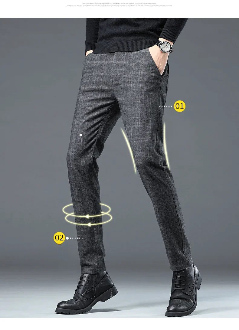 Autumn Winter New Fleece Thickened Casual Pants Men Business Straight Slim Plaid Pants Black Gray Men's Warm Trousers