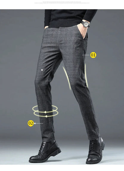 Autumn Winter New Fleece Thickened Casual Pants Men Business Straight Slim Plaid Pants Black Gray Men's Warm Trousers