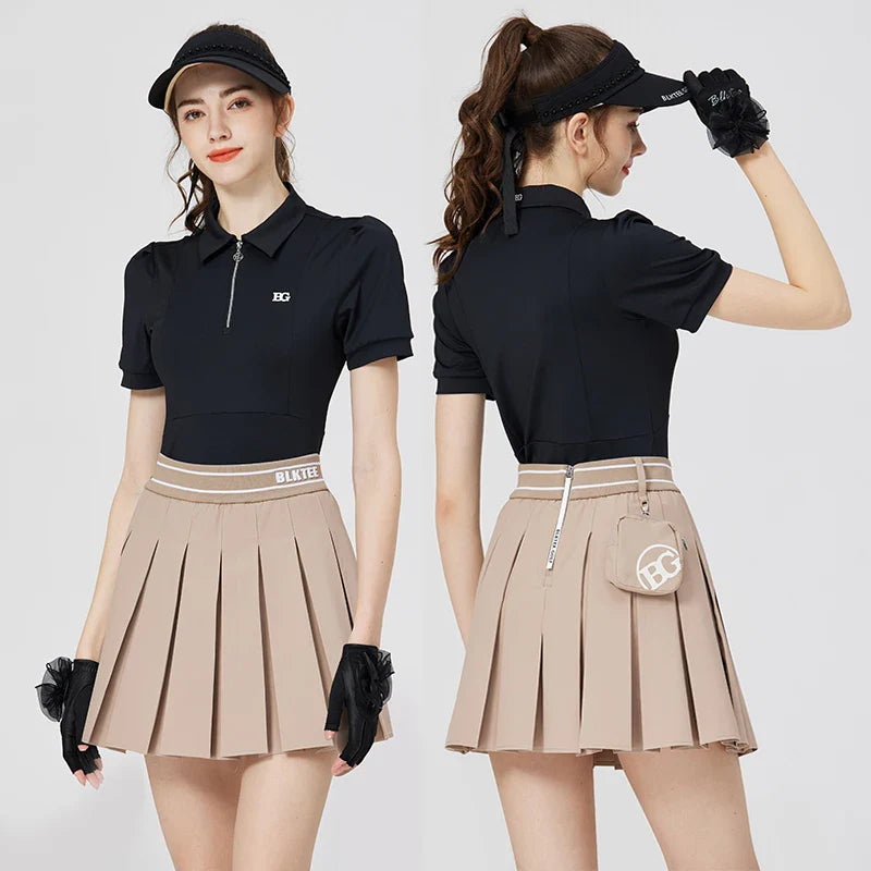 Blktee Slim Zipper Collar Golf Shirts Women Puff Short-sleeved Tops Ladies High Waist Golf Skirts Pleated Skorts with Ball Bag