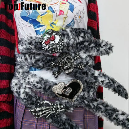 Y2K-Harajuku Western Cowboy Furry Snowleopard Punk Skull Belt, Gift for Women and Men, Girls