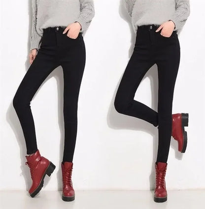 WinterFleece-Lined Thickened High-Waisted Jeans Women's Korean Style Black Slimming Trousers Student Elastic Long Pants