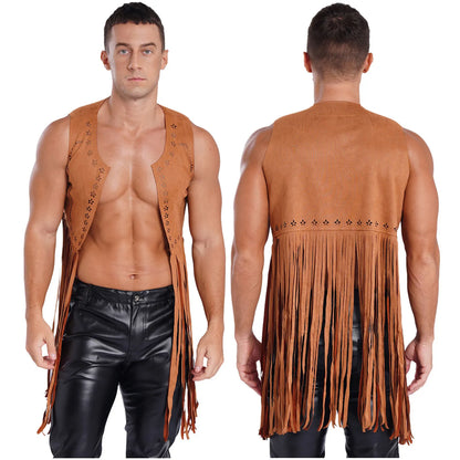 Gilet de costume de cosplay cow-boy occidental pour hommes, gilet hippie disco années 60, en faux daim, avec pompons, cardigan pour fête costumée d'Halloween ou de carnaval