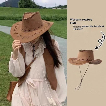 Unisex Western Suede Cowboy Hat, Fashion Cowgirl Cap for Women and Men, Fancy Dress, Party Headwear Accessory