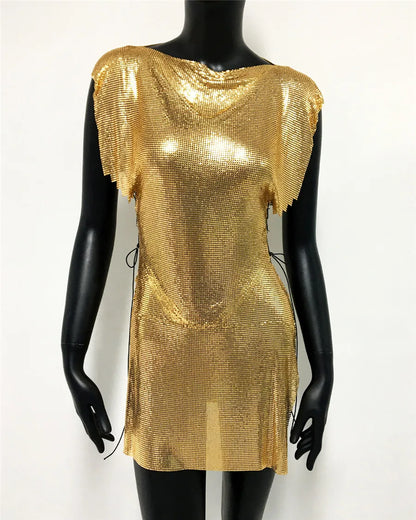 Glitter Metal Sequins Mini Dress Women Sexy Round Neck Sleeveless Side Split Bandage Dress Rave Festival Nightclub Evening Dress