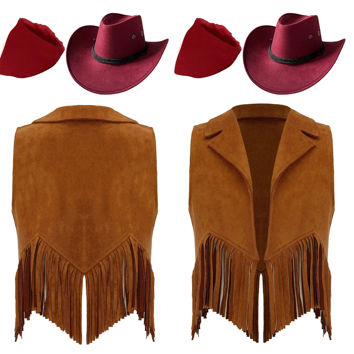 Girls Western Cowboy Cowgirl Cosplay Costume Open Front Retro Suede Tassels Vest with Bandana Scarf Hat for Halloween Carnival