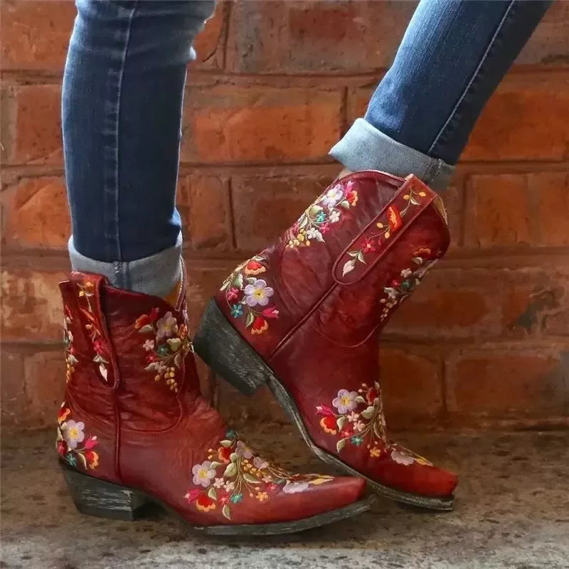 Autumn Medium Heel Woman Shoes Embroidered Design Short Boot Party Knee High Boots Pink Women Fashion Knee-high Boots