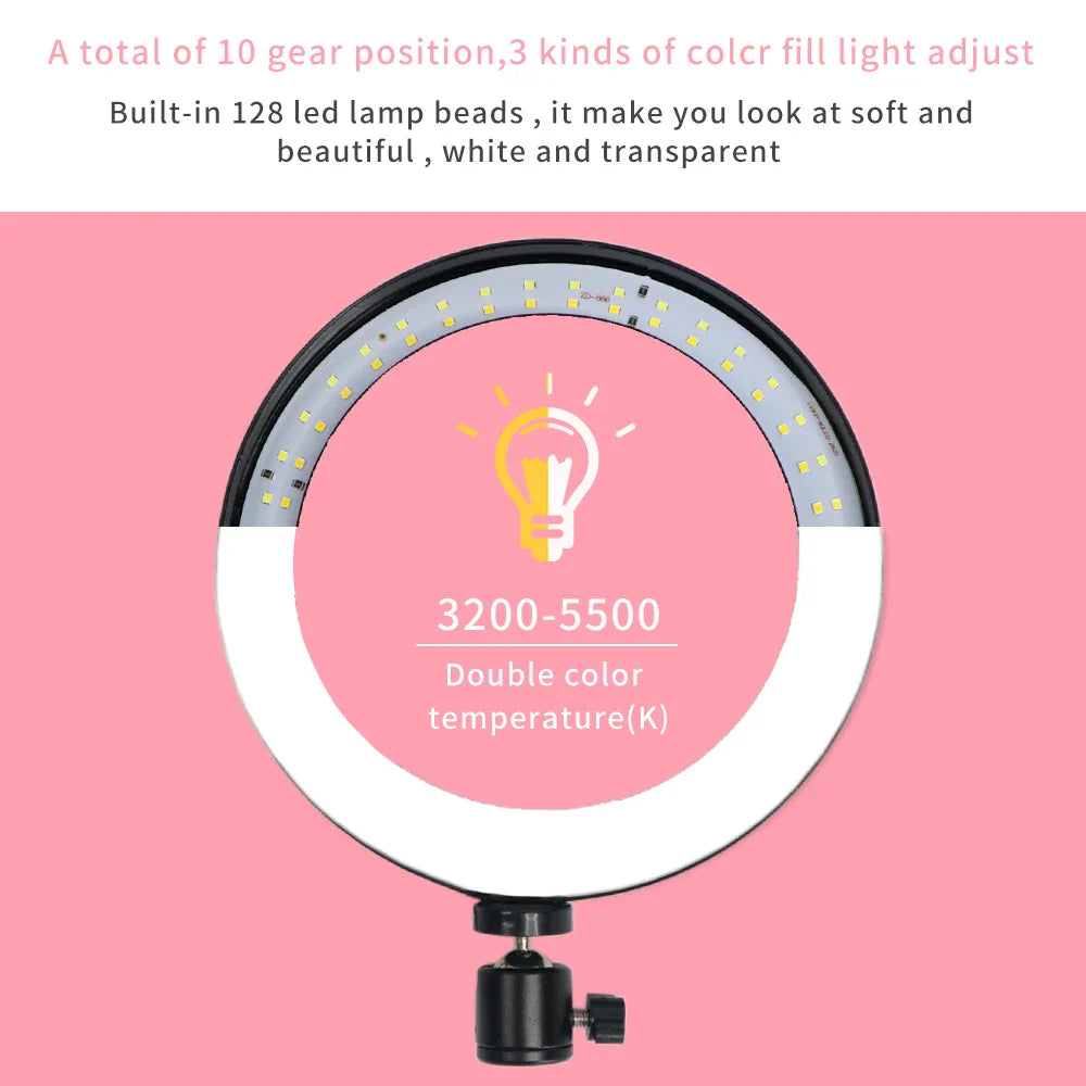 Anneau lumineux Led pour Selfie, 26cm, 10 pouces, Kit d'éclairage pour photographie, lampe de Charge Usb avec trépied pour vidéo en direct, 120 perles