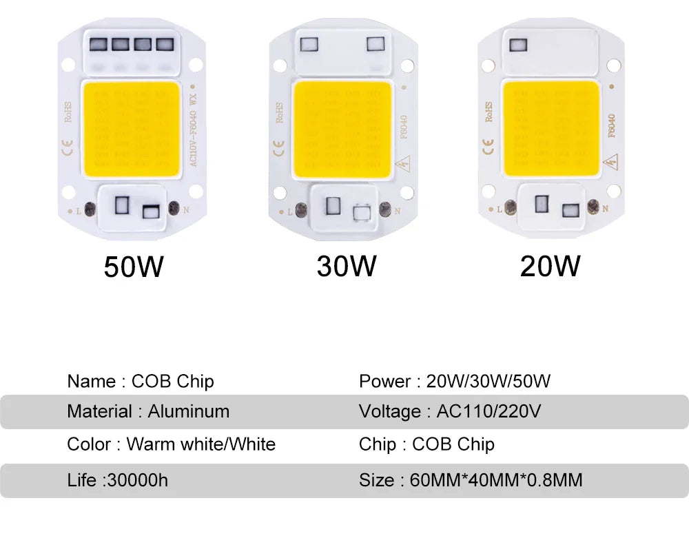 LED COB lampe perle 20W 30W 50W 220V IP65 IC intelligent pas besoin de pilote bricolage projecteur LED ampoule projecteur extérieur puce lampe plus brillante