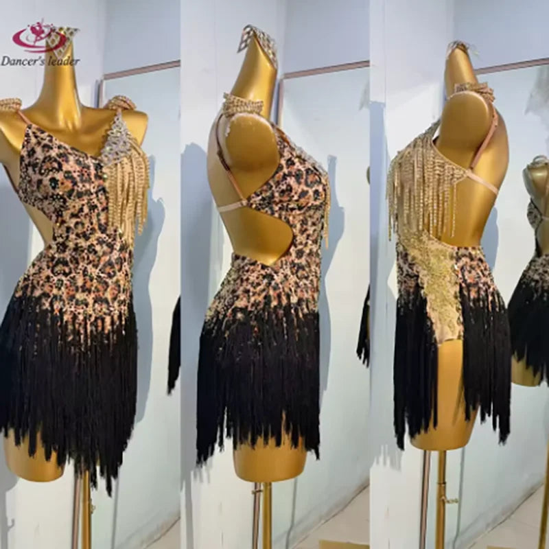 Robe de danse latine haut de gamme, personnalisée, coupe ajustée, imprimé léopard, jupe à franges noire, Samba Tango, costume de scène pour femmes adultes