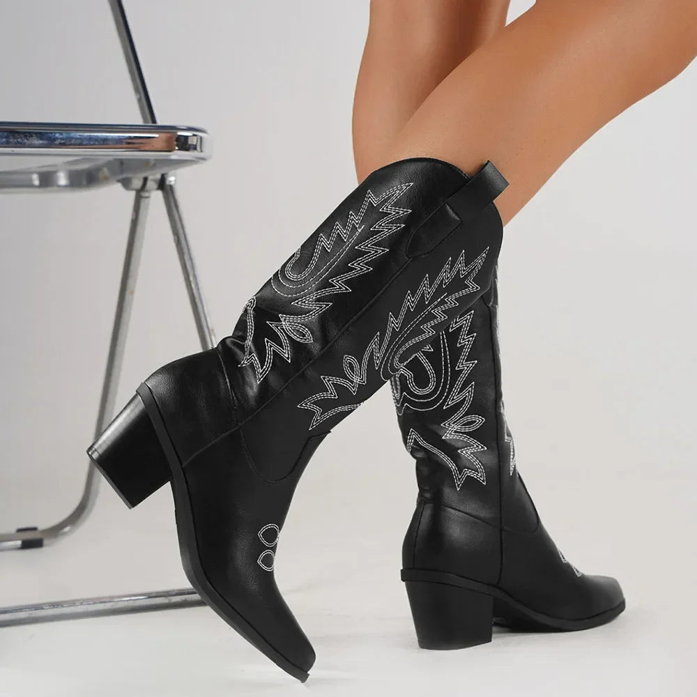 Plus size 43 High Quality Block Heels Mid-calf White Cowboy Boots Women Vintage Country Concert Western Boots Shoes