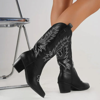 Plus size 43 High Quality Block Heels Mid-calf White Cowboy Boots Women Vintage Country Concert Western Boots Shoes