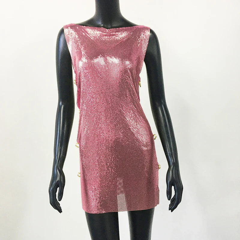 Shiny Y2k Metallic Sequins Mini Dresses For Women Sleeveless Backless Sexy Low Cut See Through Sexy Solid Clubwear Party Dress