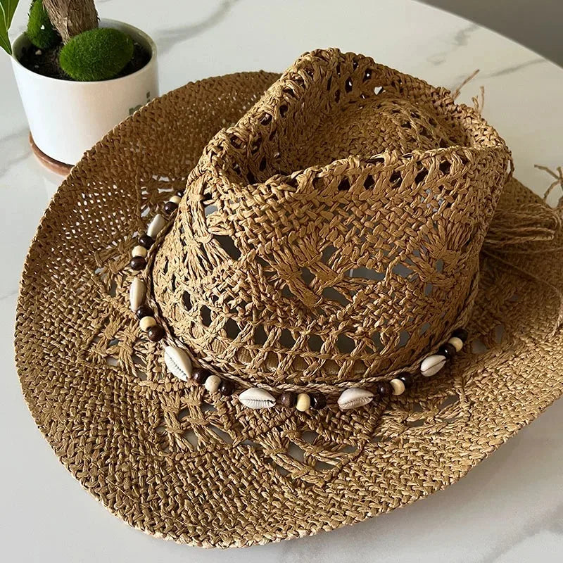 Chapeau de paille bohème d'été pour femmes et hommes, chapeaux de Cowboy de plage, perles en bois ajourées, chapeau de soleil oc