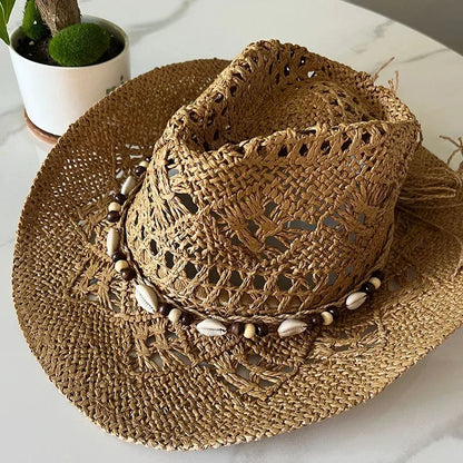 Chapeau de paille bohème d'été pour femmes et hommes, chapeaux de Cowboy de plage, perles en bois ajourées, chapeau de soleil oc