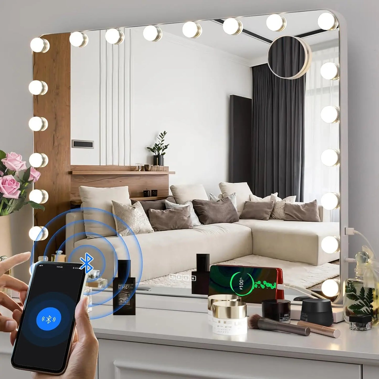 Miroir de maquillage Hollywood avec éclairage 20 LED, lecteur Bluetooth, grand miroir cosmétique 80x60 cm avec 3 variateurs lumineux, USB, tactile