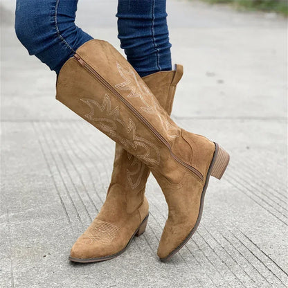 Bottes de cowboy Western brodées pour femmes, bottes hautes à talons épais et bouts pointus, en cuir PU souple, longues, pour l'automne.