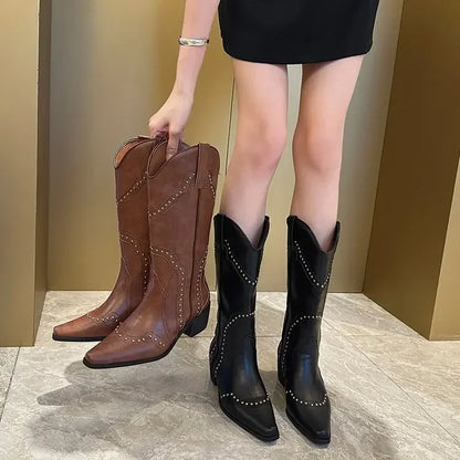 2025 New Women's Boots Low Heel Cowboy Western Short Leather Knee High Luxury Designer Gothic New Rock Shoes Vintage