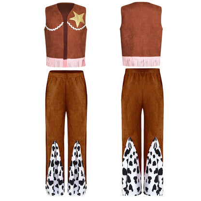 Déguisement de cow-boy/cow-girl western d'Halloween pour filles, gilet à franges étoiles et pantalon évasé imprimé vache, tenues de carnaval