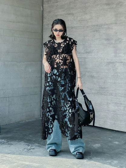 [EWQ] Chic belle Robe européenne à la mode femmes vêtements crochet à motifs découpe Robe sans manches Robe noire 2025 été nouveau