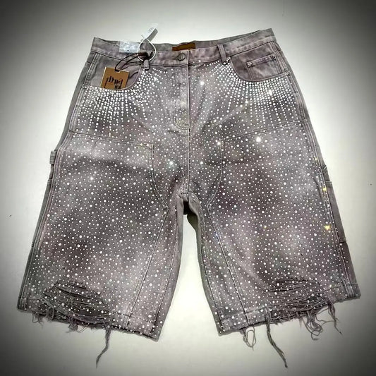 Streetwear new Couple Vintage Rhinestone Sequined Denim Shorts Y2K Cowboy Hip Hop Denim Loose Sport Shorts Denim Casual Shorts