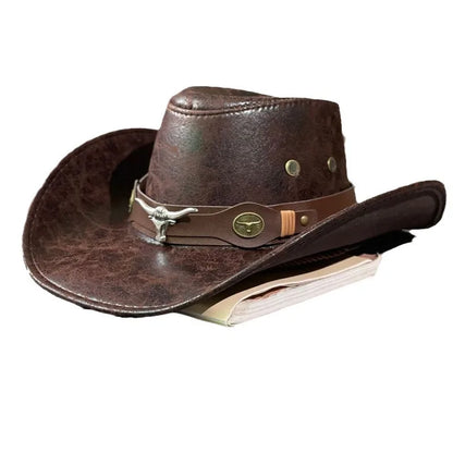 Chapeau de cowboy occidental rétro de haute qualité avec décoration tête de vache, chapeau de jazz en faux cuir pour homme, chapeau Panama, chapeau de cowgirl