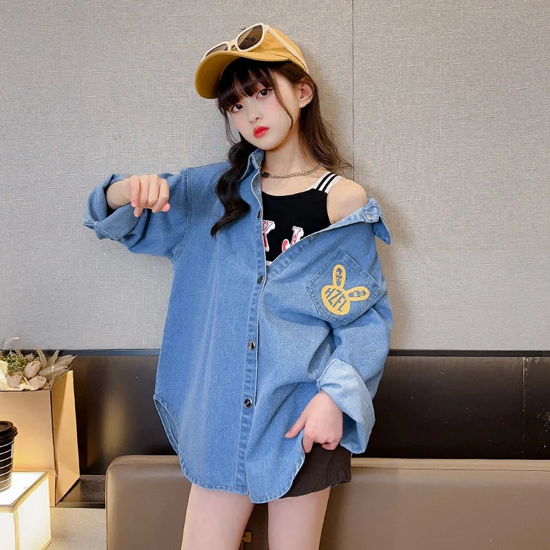 Chemisiers en Denim de Cowgirl de haute couture avec imprimé de lapin pour adolescente, chemise en Denim ample et décontractée à manches longues pour enfants