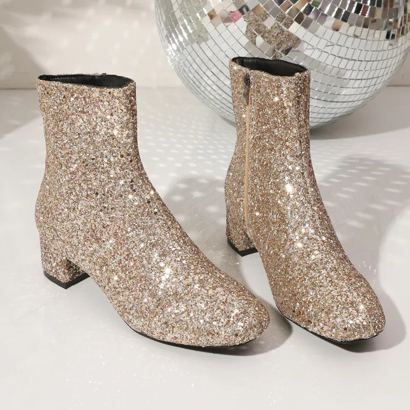 Bottes à paillettes et sequins pour femmes, avec fermeture éclair, talons épais, bottines à bout rond, chaussures de soirée pour femmes