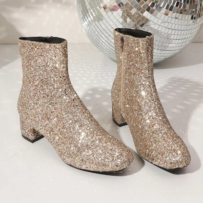 Bottes à paillettes et sequins pour femmes, avec fermeture éclair, talons épais, bottines à bout rond, chaussures de soirée pour femmes