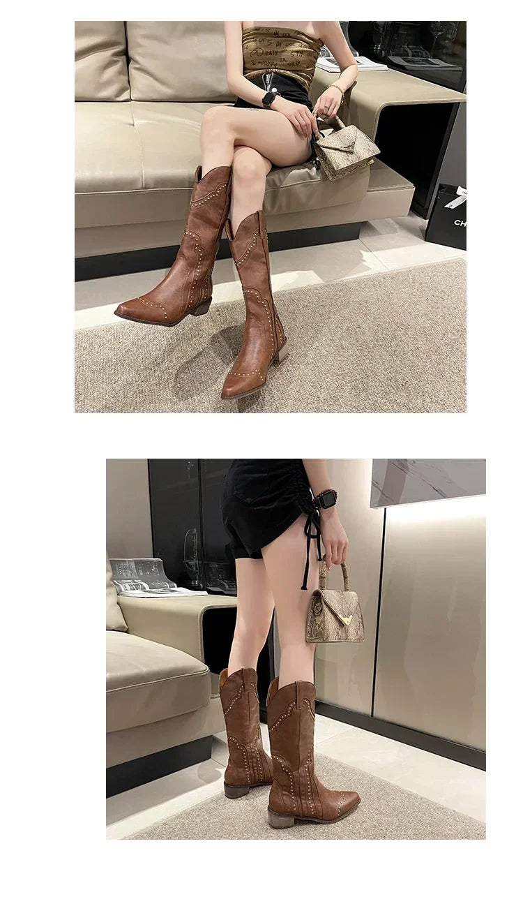 2025 New Women's Boots Low Heel Cowboy Western Short Leather Knee High Luxury Designer Gothic New Rock Shoes Vintage