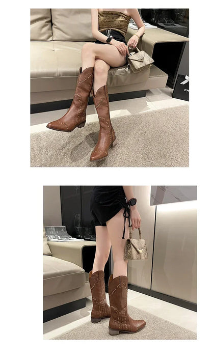 2025 New Women's Boots Low Heel Cowboy Western Short Leather Knee High Luxury Designer Gothic New Rock Shoes Vintage