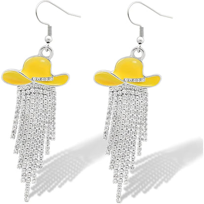 Boucles d'oreilles pendantes de cowgirl de l'Ouest, Chapeau en émail, Pendentif à pompon strass scintillant, Bijoux pour femmes pour bal, concerts country, rodéo, cow-boy