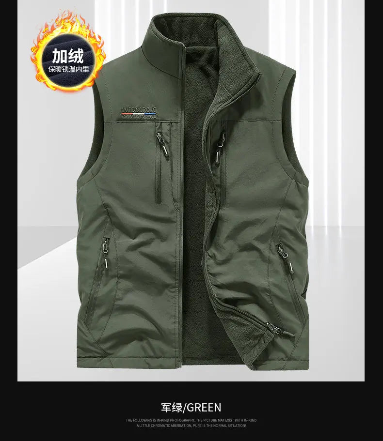 Men Autumn Fleece Outdoor Vest 4XL Utility Tactical Multi-pocket Techwear Outdoor Hiking Fishing Photography Safari Cargo Vest