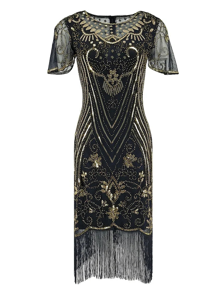 Flapper Dresses 1920s Gatsby Roaring 20s Sequin Beaded Fringe Dress Crew Neck See-through Themed Party Club Dress