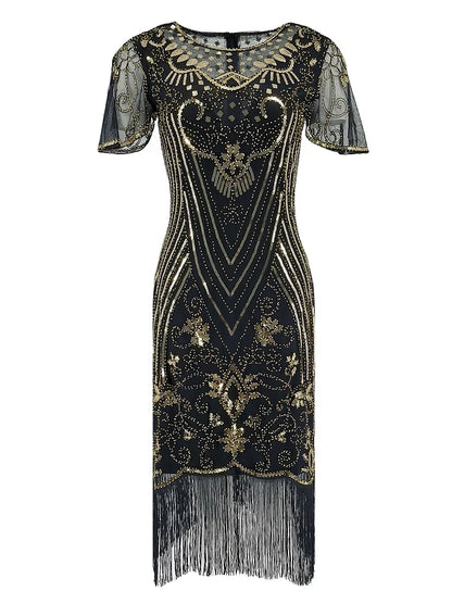 Flapper Dresses 1920s Gatsby Roaring 20s Sequin Beaded Fringe Dress Crew Neck See-through Themed Party Club Dress