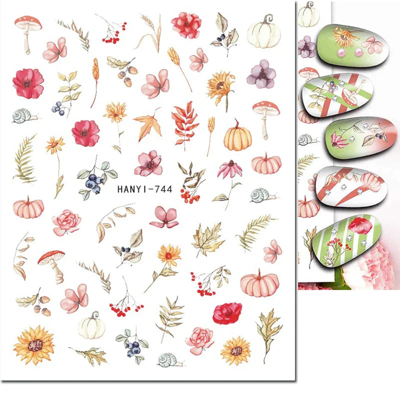 3d Nail Art Stickers Winter Autumn Golden Leaves Red Roses Flowers Decals For Nails Decoration Manicure Salon Beauty