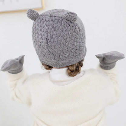 Ensemble de gants et bonnets en tricot pour bébé, protection des oreilles pour bébé, bonnet pour tout-petit, document solide, mignon, guerre en plein air, filles et garçons, automne et hiver, 2 pièces