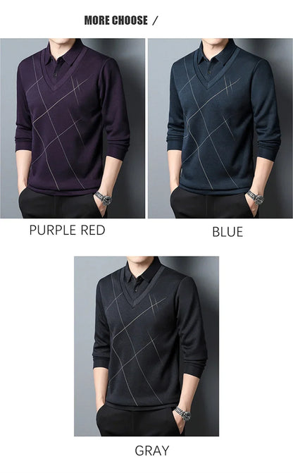 T-shirts Graphiques Marque BROWON Homme 2025 Automne Nouveau T-shirt Fausse Double-pièce Manches Longues Masculin Mode Décontracté Plaid T-shirts Homme Hauts